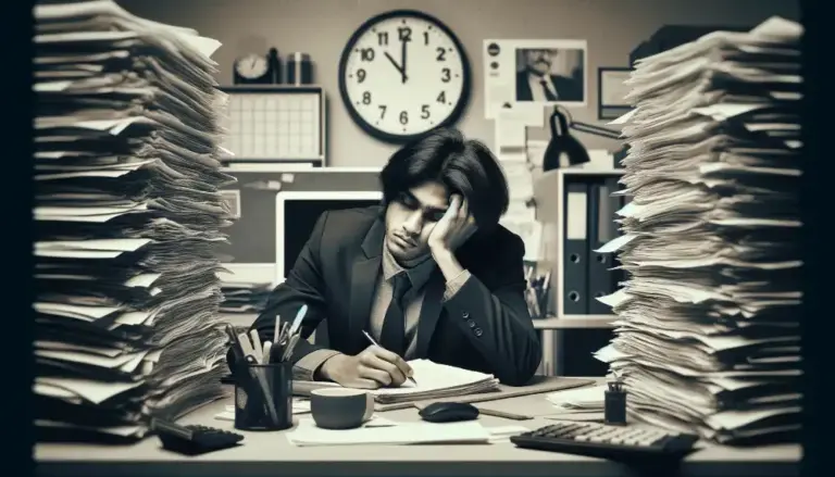 The Ultimate Guide – How to Find Motivation and Inspiration (Part 1/10) 2 DALL·E 2023 11 08 20.00.09 Depict a South Asian office worker gender neutral with their head resting in one hand eyes closed at a cluttered desk surrounded