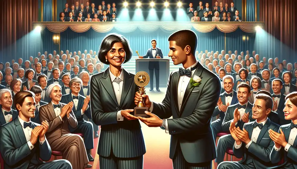 DALL·E 2023 11 10 19.56.39 An illustration in a realistic style depicting a scene where a person is receiving an award. The setting is an elegant award ceremon