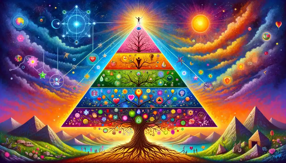 DALL·E 2023 11 10 22.21.10 An imaginative and colorful illustration representing Maslows hierarchy of needs depicted in an abstract and artistic style. The p