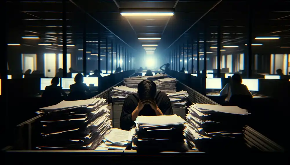 Harnessing the Power of Self-Determination Theory with 3 Core Principles 2 DALL·E 2023 11 13 18.11.44 A photograph of an overwhelmed office worker at their desk head in hands surrounded by a mountain of paperwork in a dimly lit cr