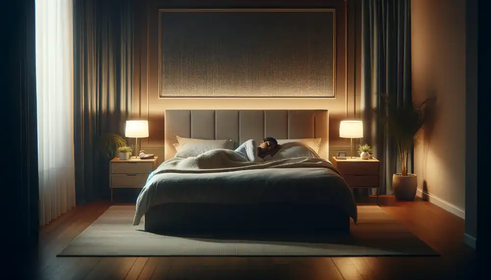 DALL·E 2023 11 16 21.19.26 Wide angle shot of a peaceful bedroom at night in a 16 9 aspect ratio showcasing a person sleeping soundly in a large comfortable bed. The ro