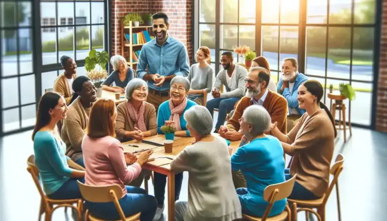 10 Proven Brain Health Strategies: Boost Your Cognitive Power Today! 2 DALL·E 2023 11 17 20.04.51 A diverse group of adults of various ages and ethnicities engaging in a lively discussion at a community center promoting social interaction f