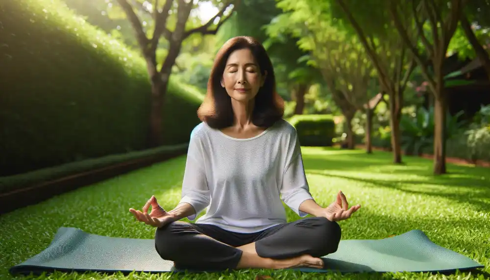 DALL·E 2023 11 17 20.04.56 A middle aged woman of Asian descent enjoying a peaceful meditation session in a serene park setting. She is sitting on a yoga mat surrounded