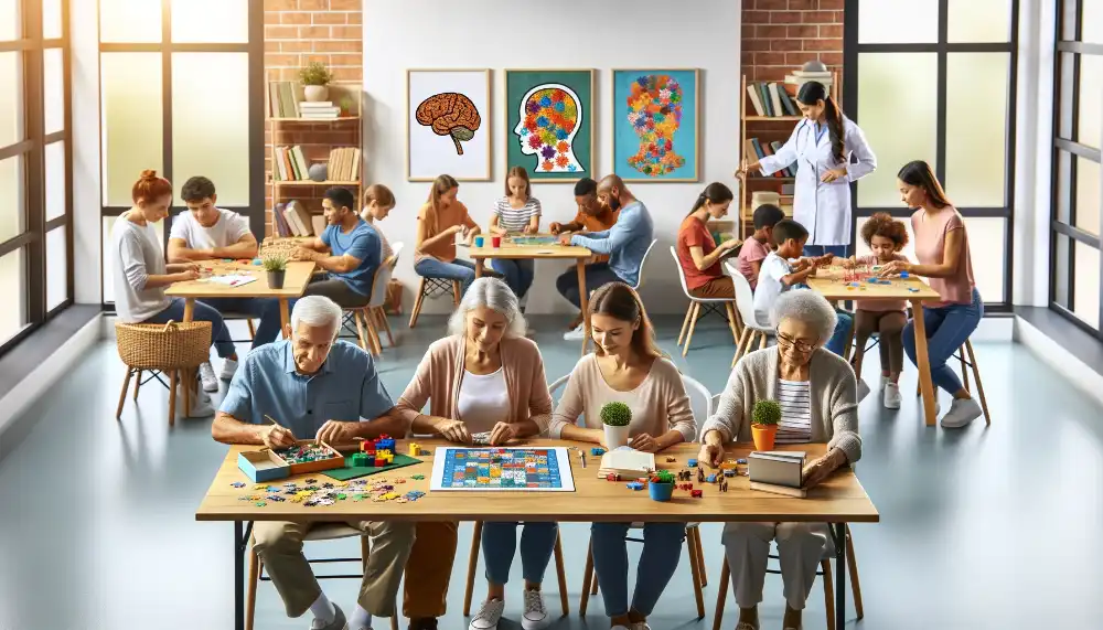 DALL·E 2023 11 17 20.05.02 A diverse group of people of different ages and ethnicities participating in a brain health workshop engaging in various mental stimulation ac