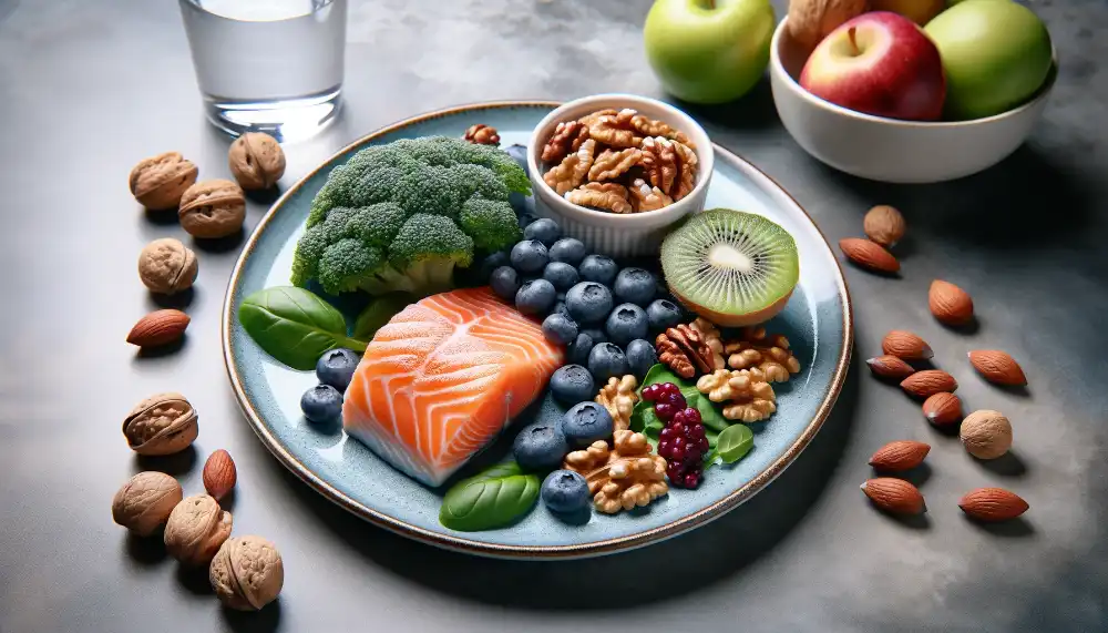 DALL·E 2023 11 17 20.05.33 A healthy meal consisting of brain boosting foods like salmon blueberries nuts and leafy green vegetables displayed attractively on a plate